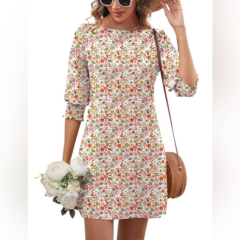 LUYAA Women's Floral Mini Dress Boatneck Puff Sleeve Small Boho Pockets